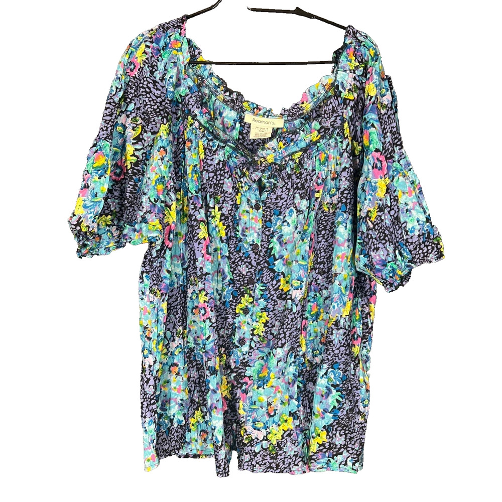 Peasant Blouse Womens 28W PurpleBreezy Roamans Tunic Ruffle Bohemian Floral